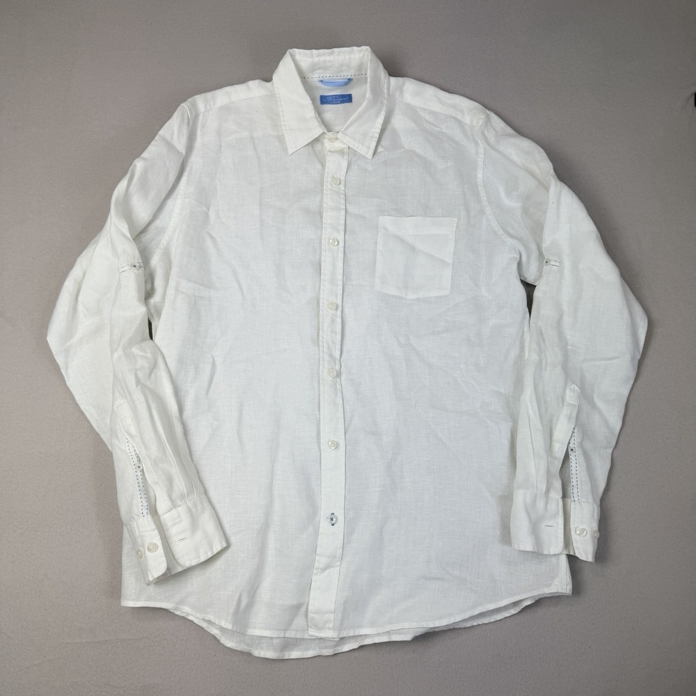 Toscana Aqua Men Sz M 100% Linen White Shirt Roll Tab Sleeves Blue Stitches Sz M